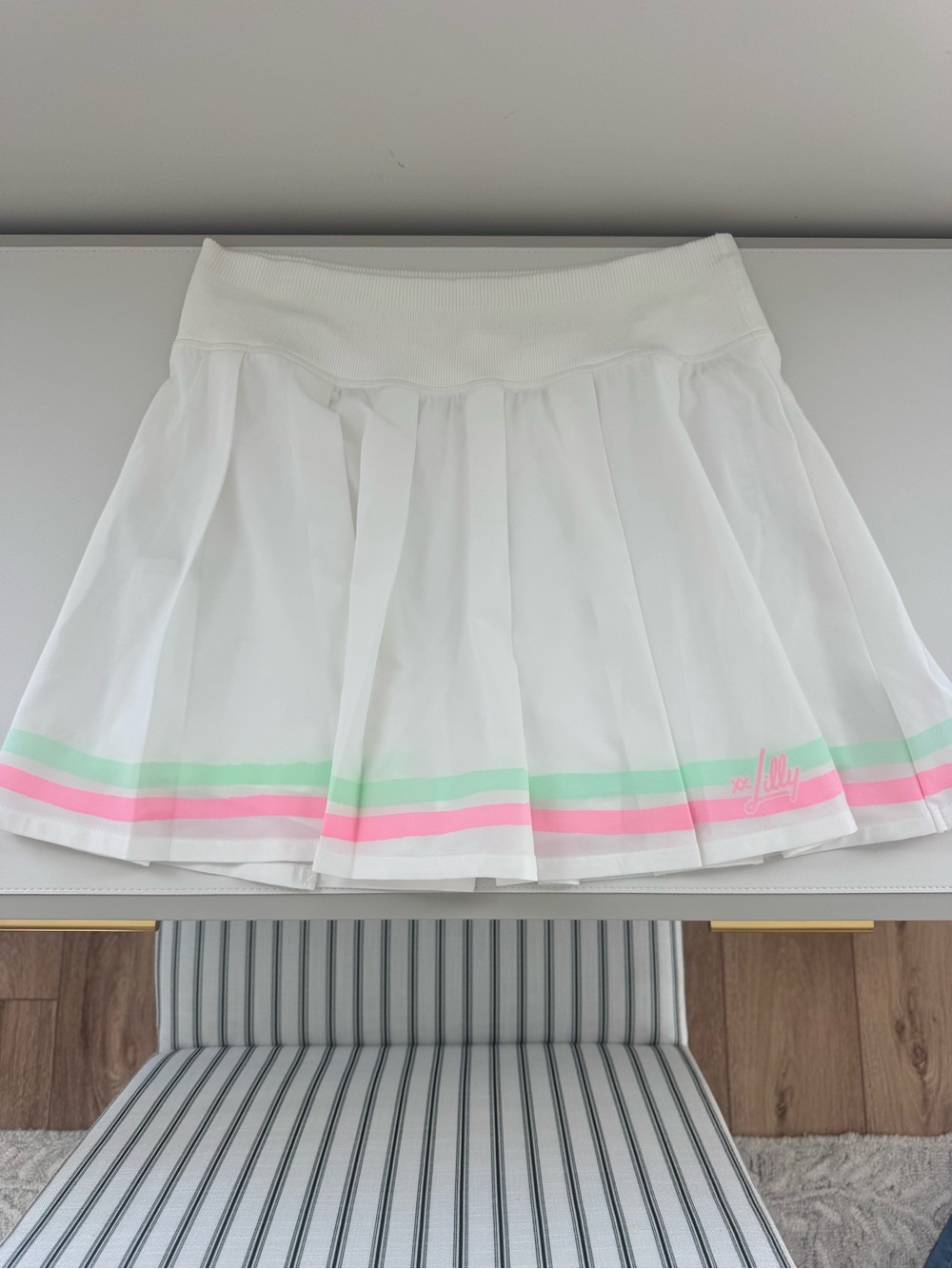 Lilly Pulitzer White Skater Skirt with Pink & Mint Hem Stripes